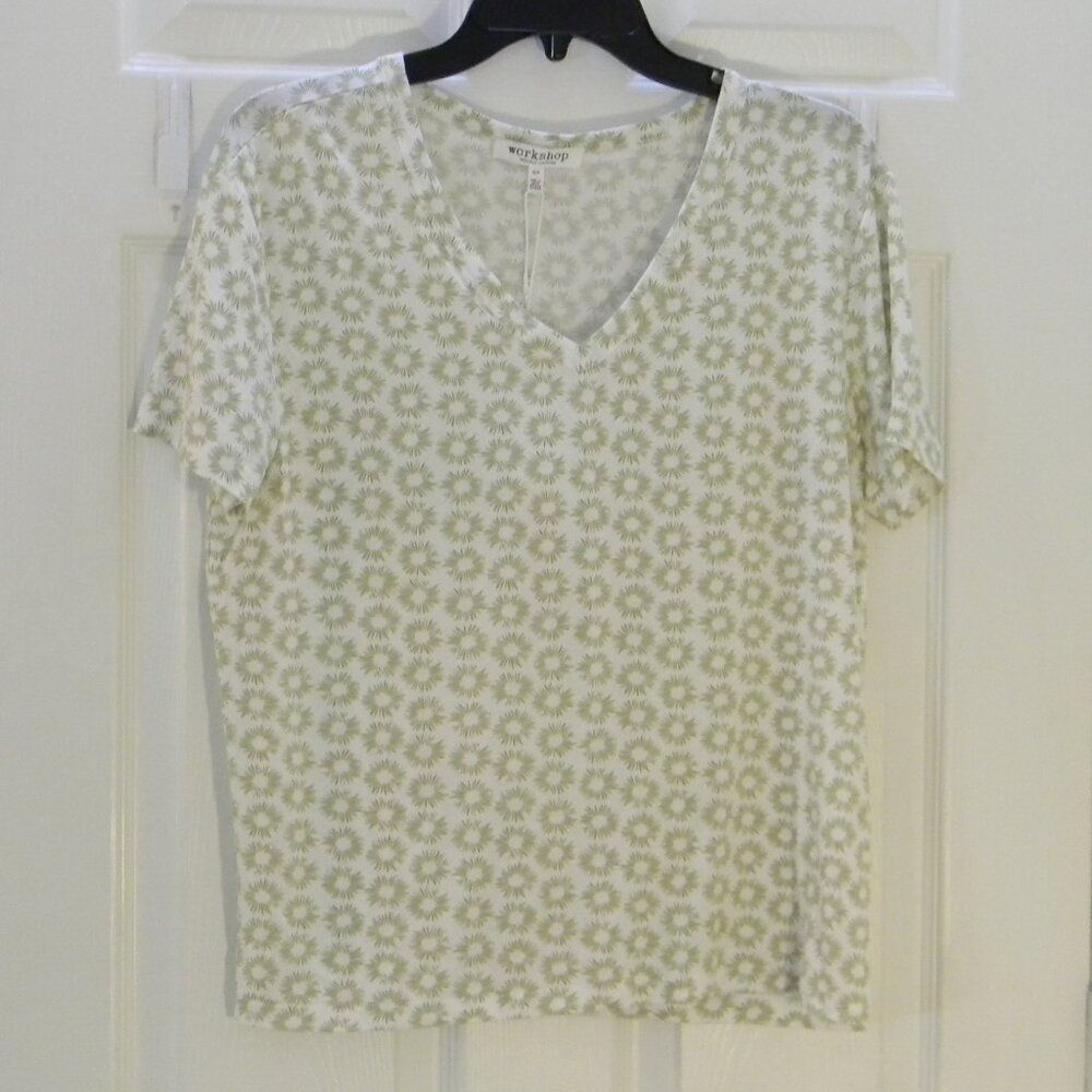 Workshop Republic Clothing Cream and Soft Green Printed Modal Top NWT